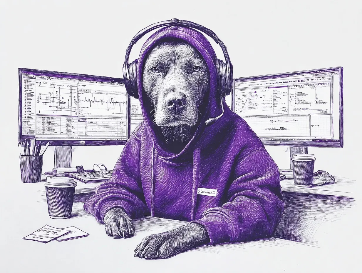 Determined dog developer in headphones debugging network issues with multiple monitors showing network diagrams and logs