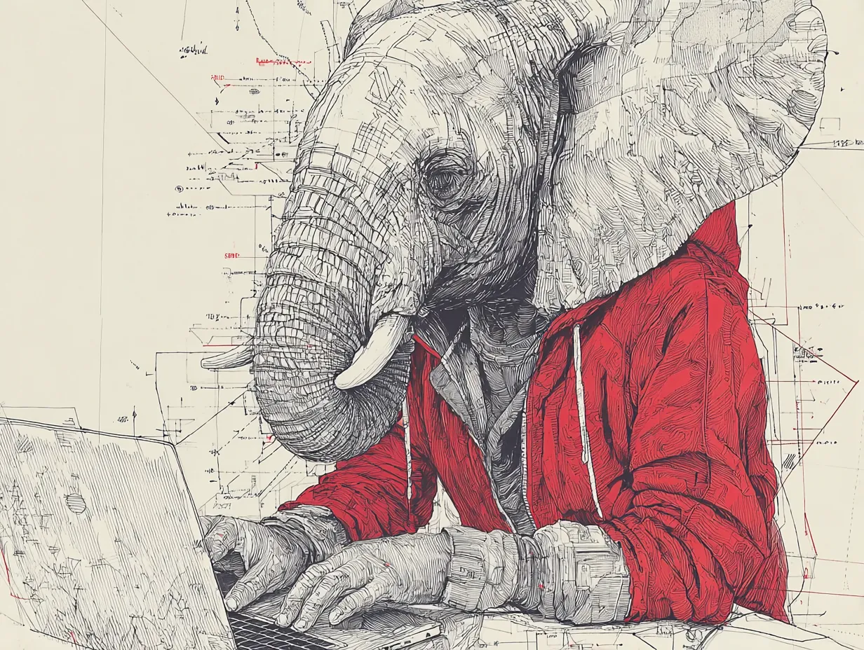 Elephant programmer analyzing database queries and performance metrics
