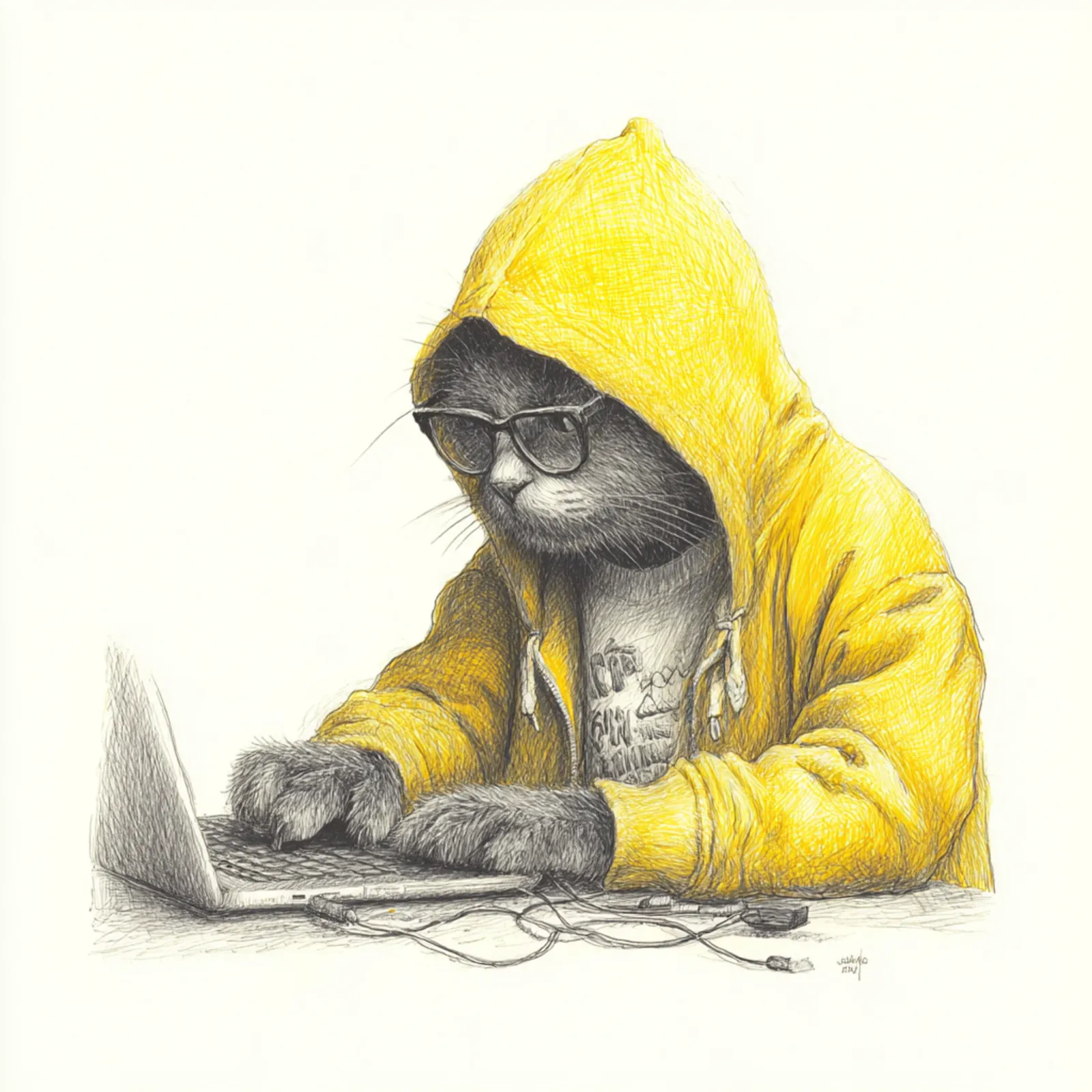 Hacker cat typing on laptop