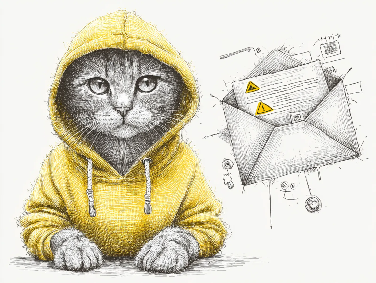 Hacker cat opening a suspicious physical mail envelope