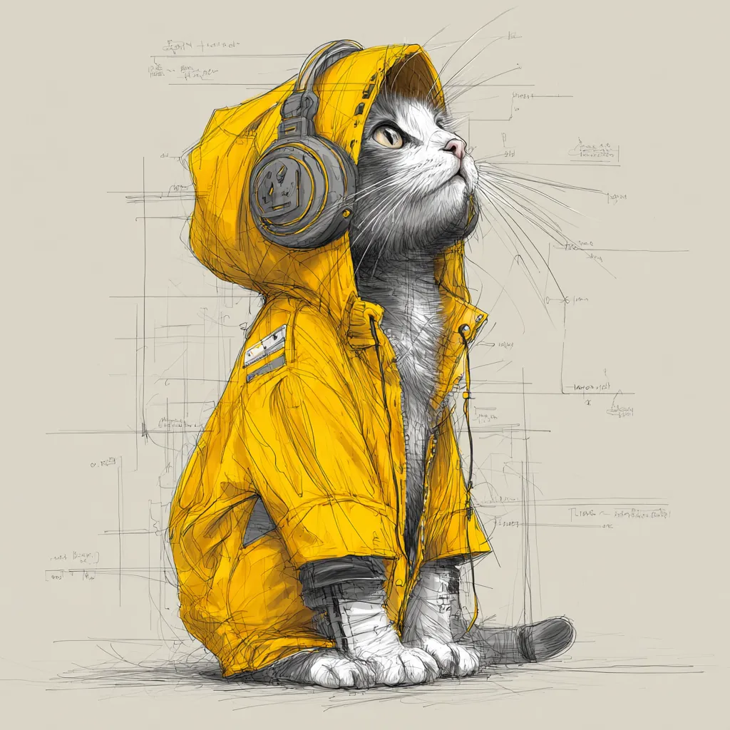 Hacker cat in yellow rain jacket looking up at building a digital fortress