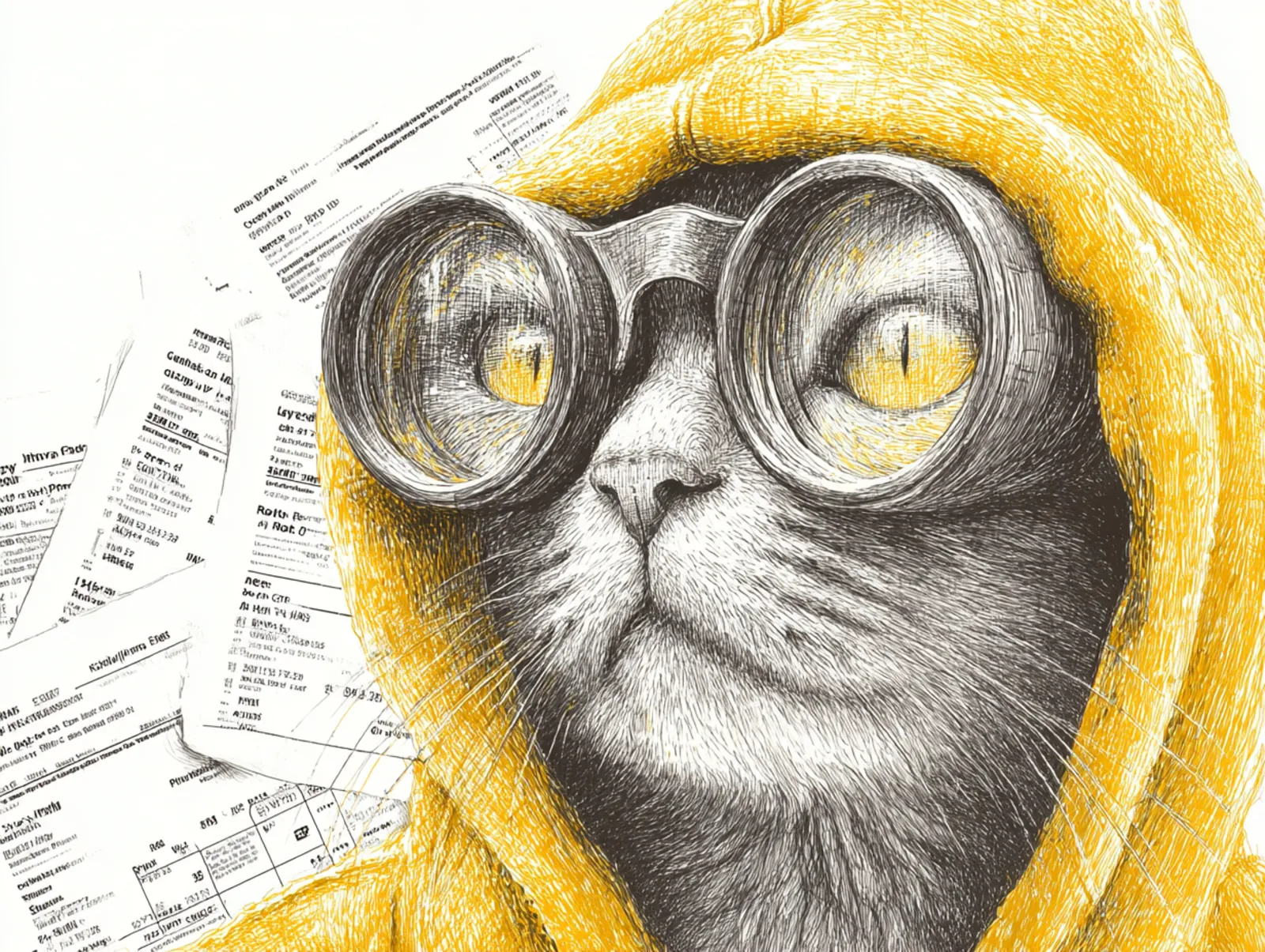 Hacker cat in steampunk glasses with bills in background - credit monitoring